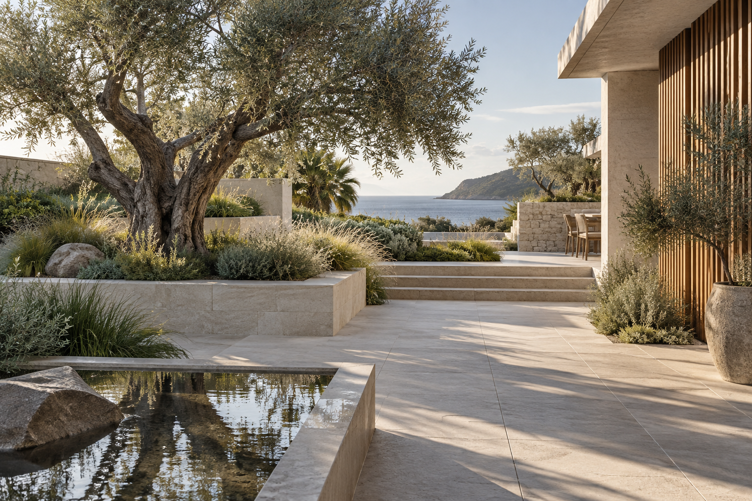 Imaginary coastal courtyard with stone paving and an olive tree